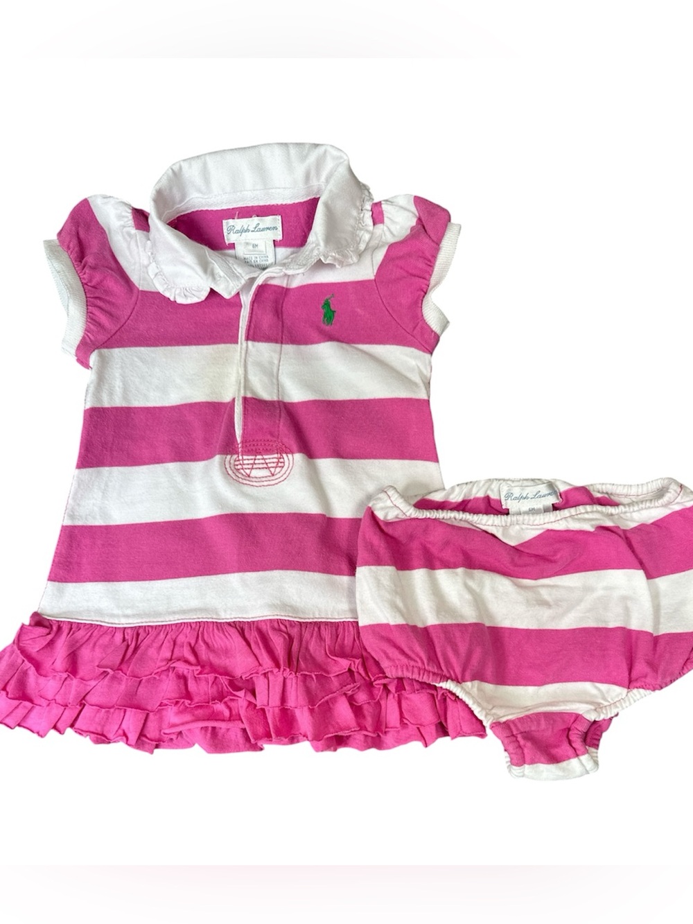 Polo Ralph Lauren Pink & White Striped Ruffled Polo Dress with Bloomer | 6 mo